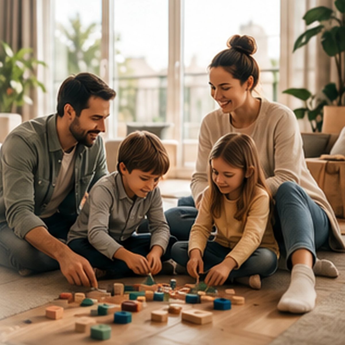 Des parents et leurs deux enfants assis au sol d’un salon lumineux, en train de jouer avec des cubes en bois.
