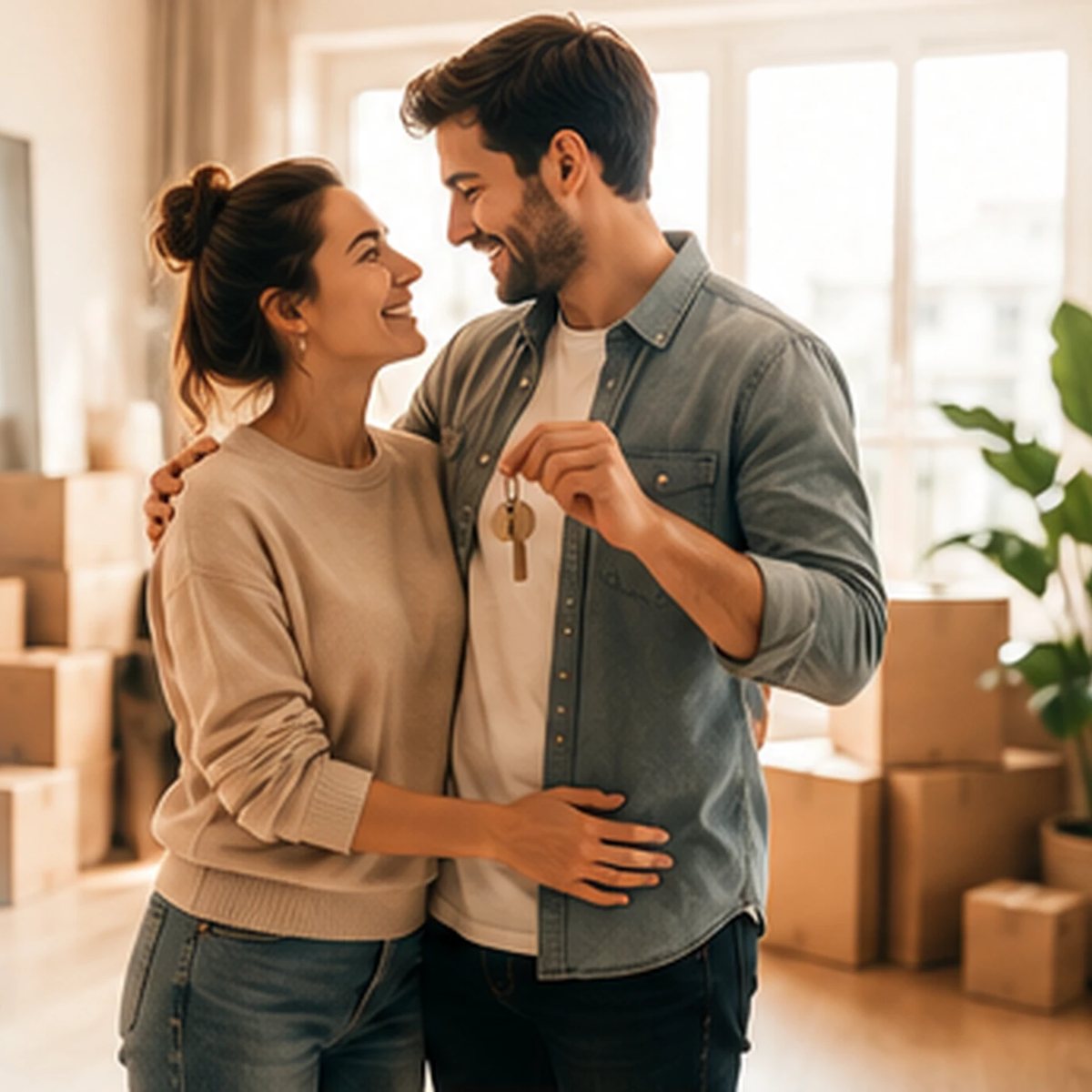 Un jeune couple enlacé dans son futur logement, l’homme tenant les clés, des cartons de déménagement autour d’eux.